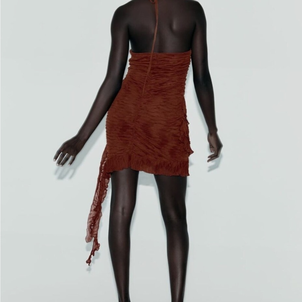 Zara Brown Ruffle Pleated Halter Mini Dress - Picture 4 of 9